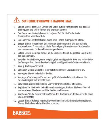 Babboe cargo bike sticker safety instruction German